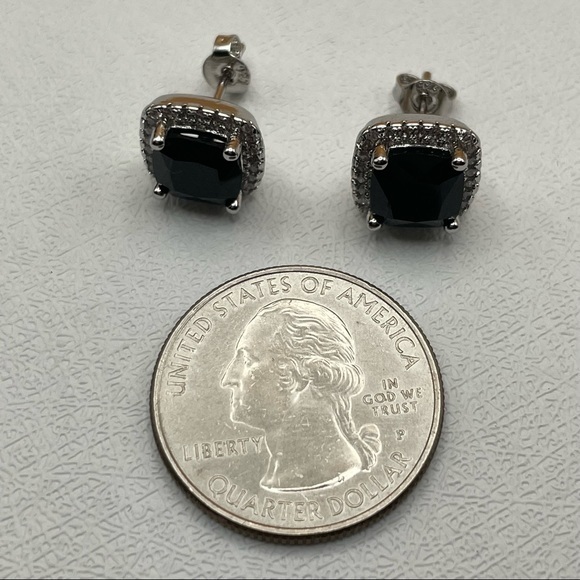 925 Sterling Silver Cushion Cut Black Onyx Diamond Halo Elegant Stud Earrings - Picture 15 of 15